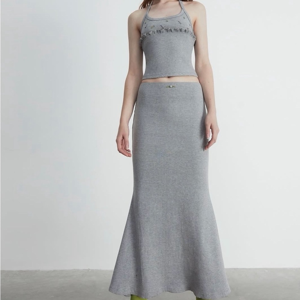 Grey Knit Maxi Skirt - Sleek Slim-Flare Women's Skirt
